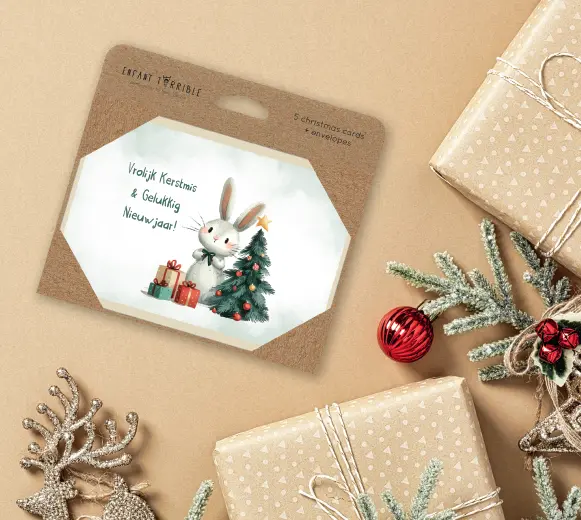 pakket wenskaarten voor kerst en feestdagen met diertjes en kerstboom