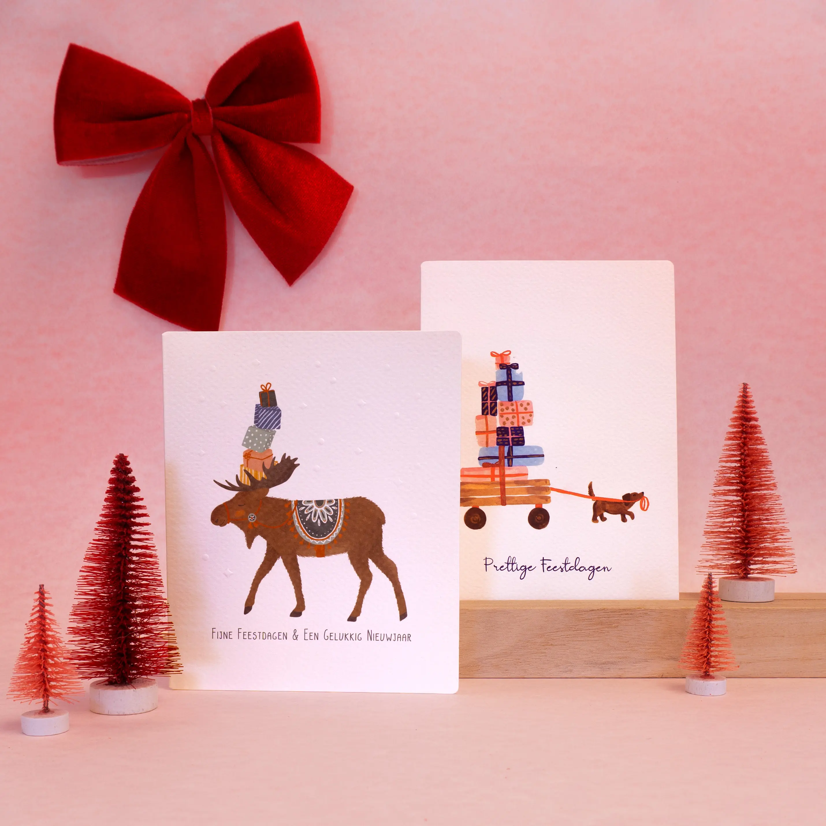 wenskaarten eindejaar en kerstmis met handgetekende dieren