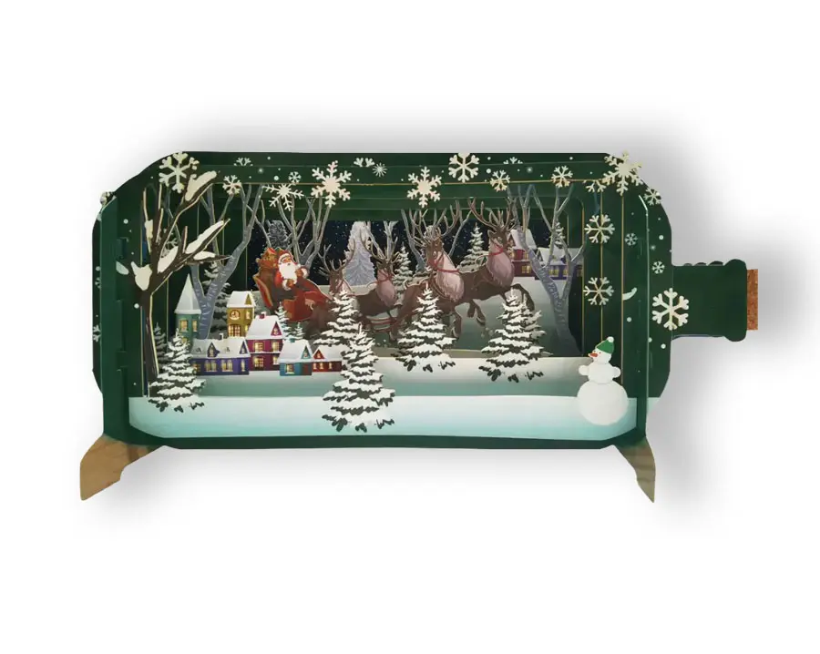 3D Wenskaart Message in a Bottle - Kerstslee - Besneeuwde Bomen