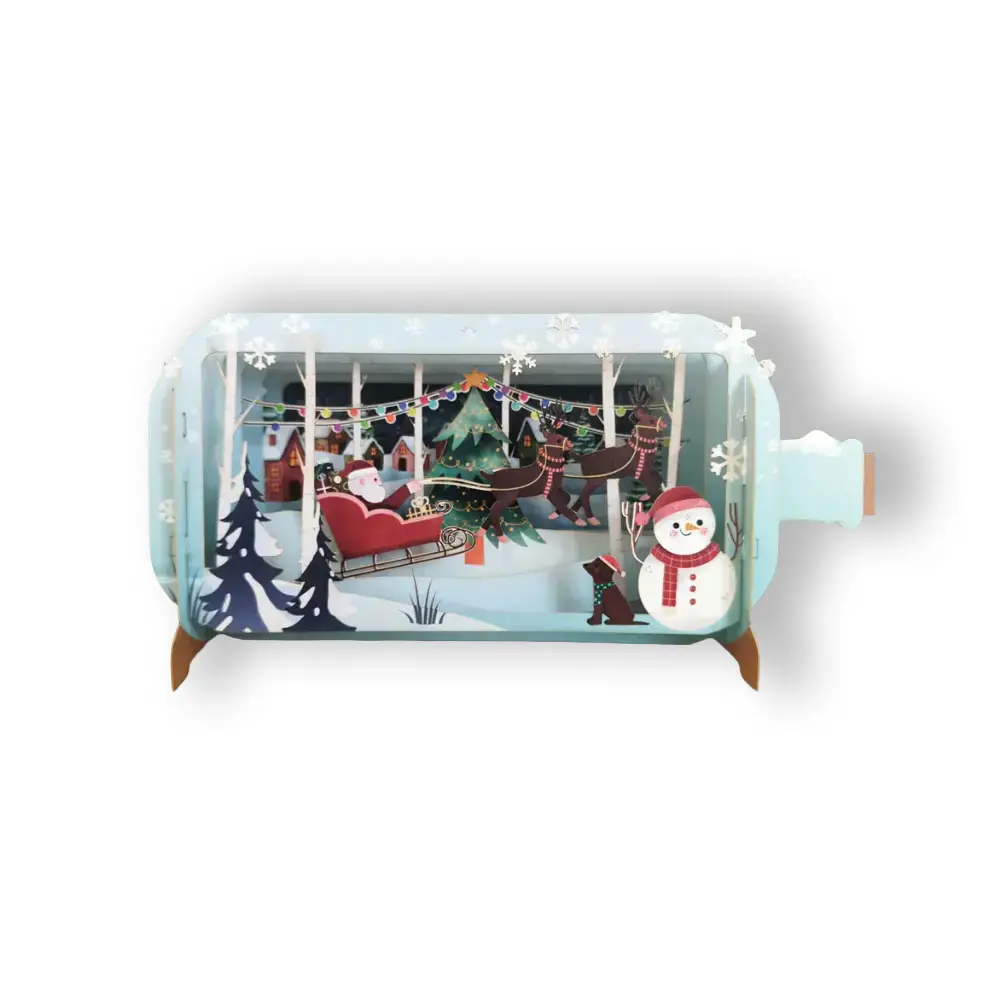 3D Wenskaart Message in a Bottle - Kerstslee - Sneeuwpop