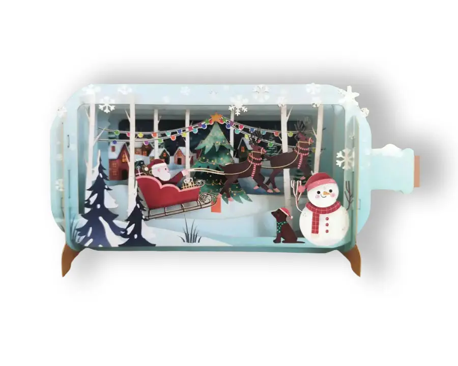 3D Wenskaart Message in a Bottle - Kerstslee - Sneeuwpop