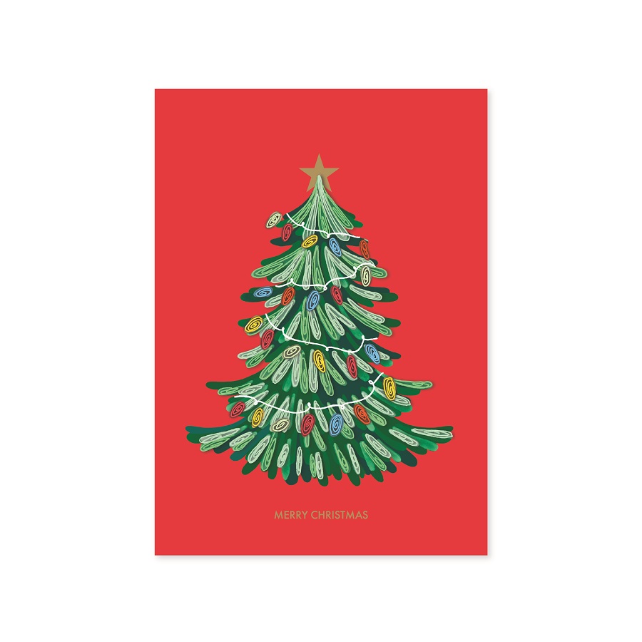 Wenskaart Origamo - Kerstboom rode achtergrond