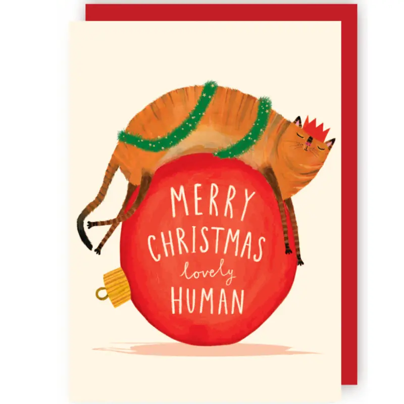 Wenskaart CR - Kerst kat op kerstbal