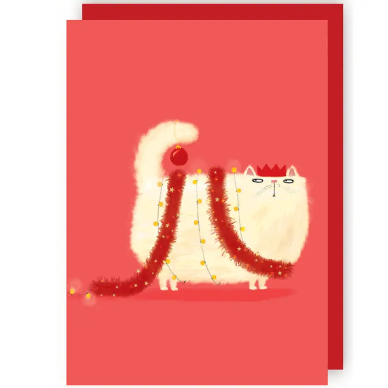 Wenskaart CR- Kerst kat met slinger