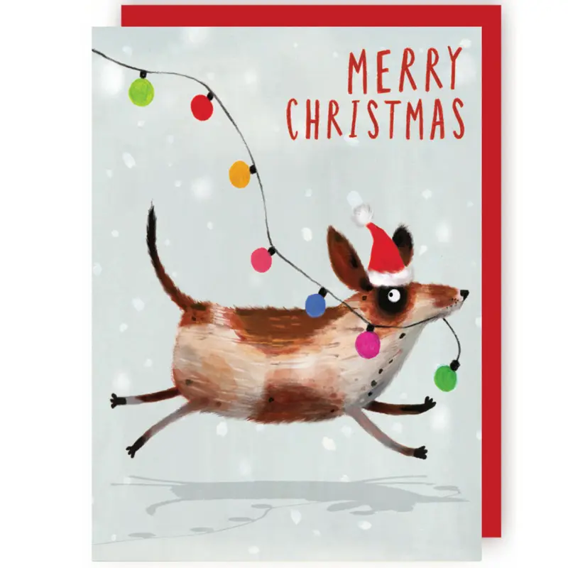 Wenskaart CR - Hond met kerstlichtjes